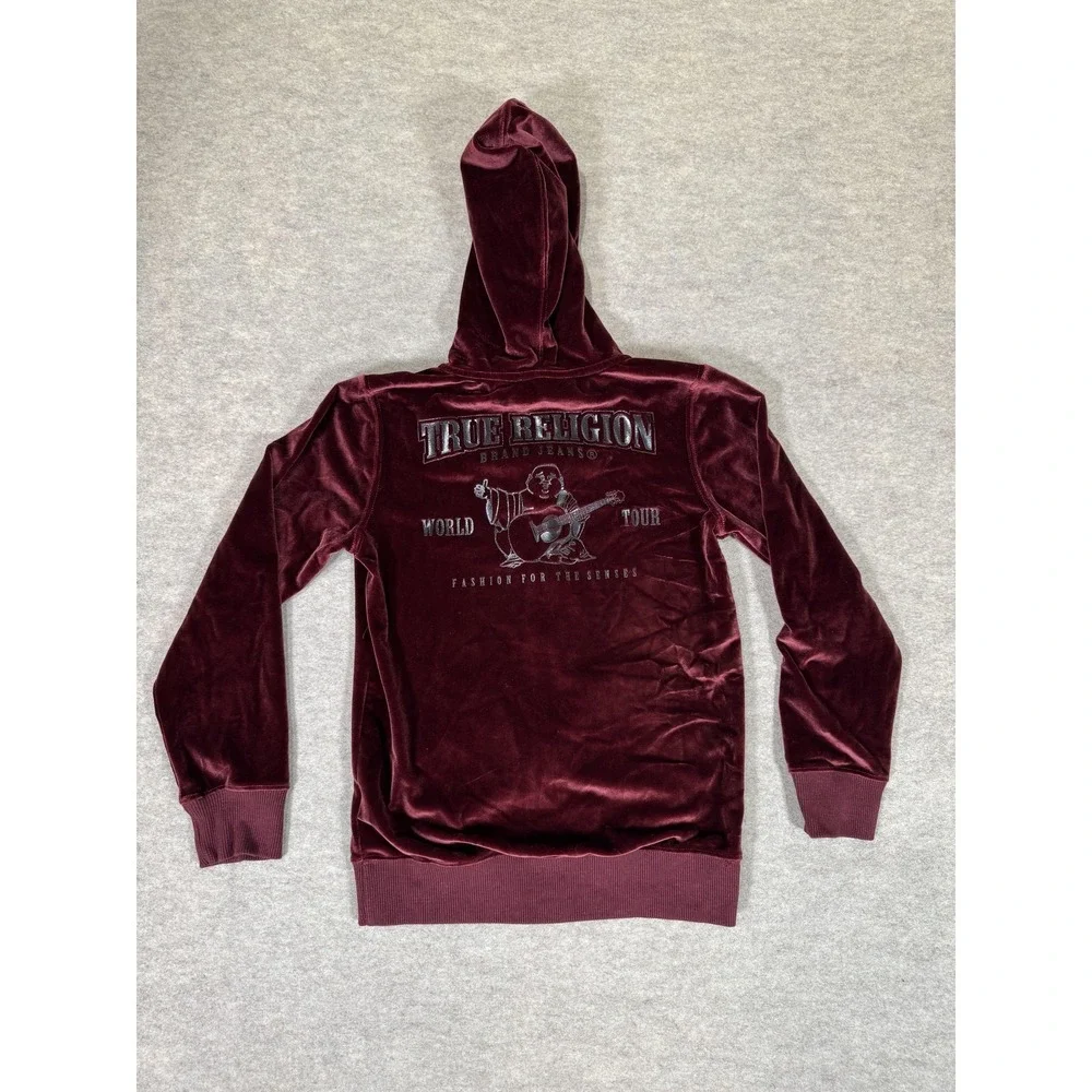 True Religion Hoodie Mens Medium Red Velvet Full Zip World Tour Back Graphic